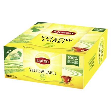 Svart te Lipton yellow label ikonsik, synlig förpackning