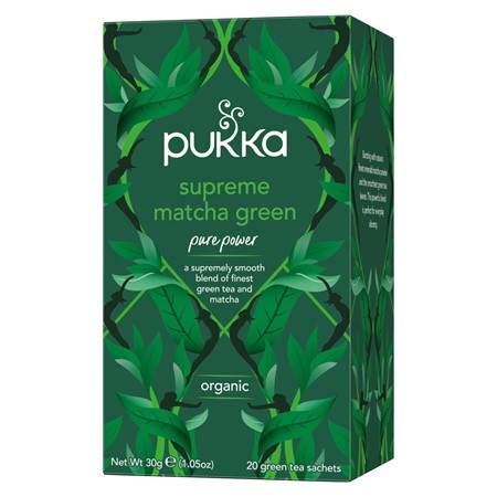 Hela te blad Pukka grönt te med matchapulver, synlig förpackning