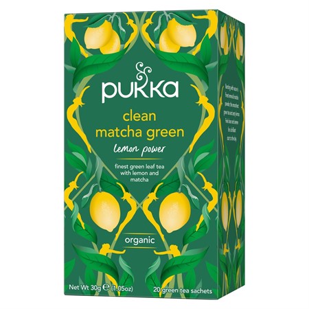 Ekologiskt Pukka Grönt te med matcha, synlig förpackning
