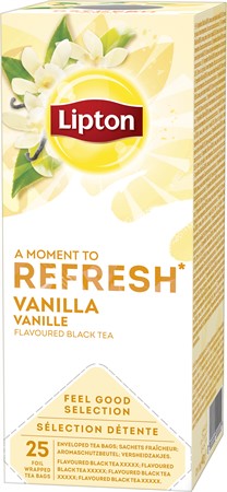 Klassisk smak av vanilj Lipton svart te, synlig förpackning
